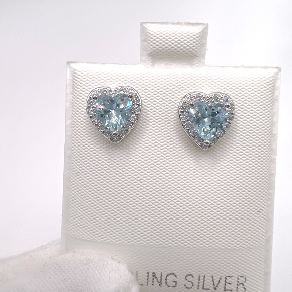 .925 Sterling Silver Aquamarine Cz & Clear Cz Heart Earrings - Picture 5 of 16